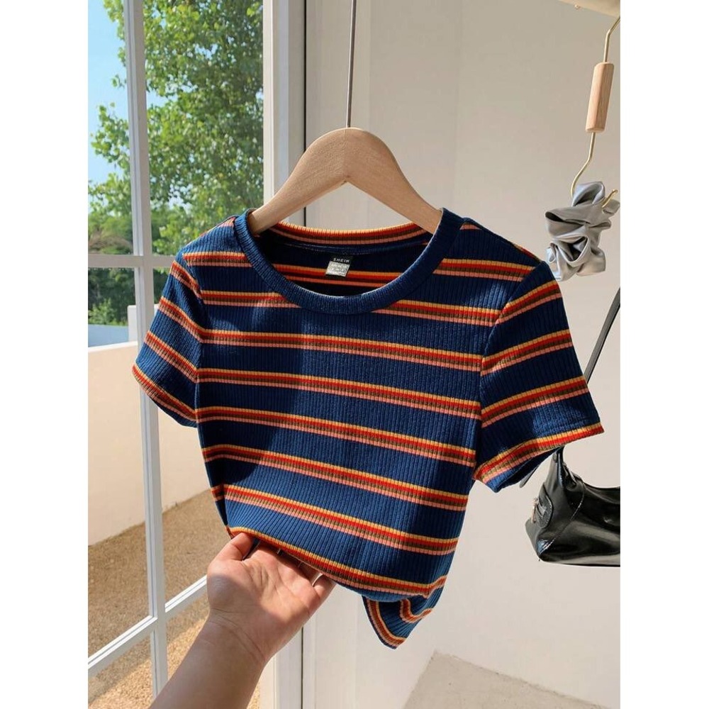 SHEIN Ribbed Knit Crop Top Short Sleeve Striped Crew Neck Navy Multi